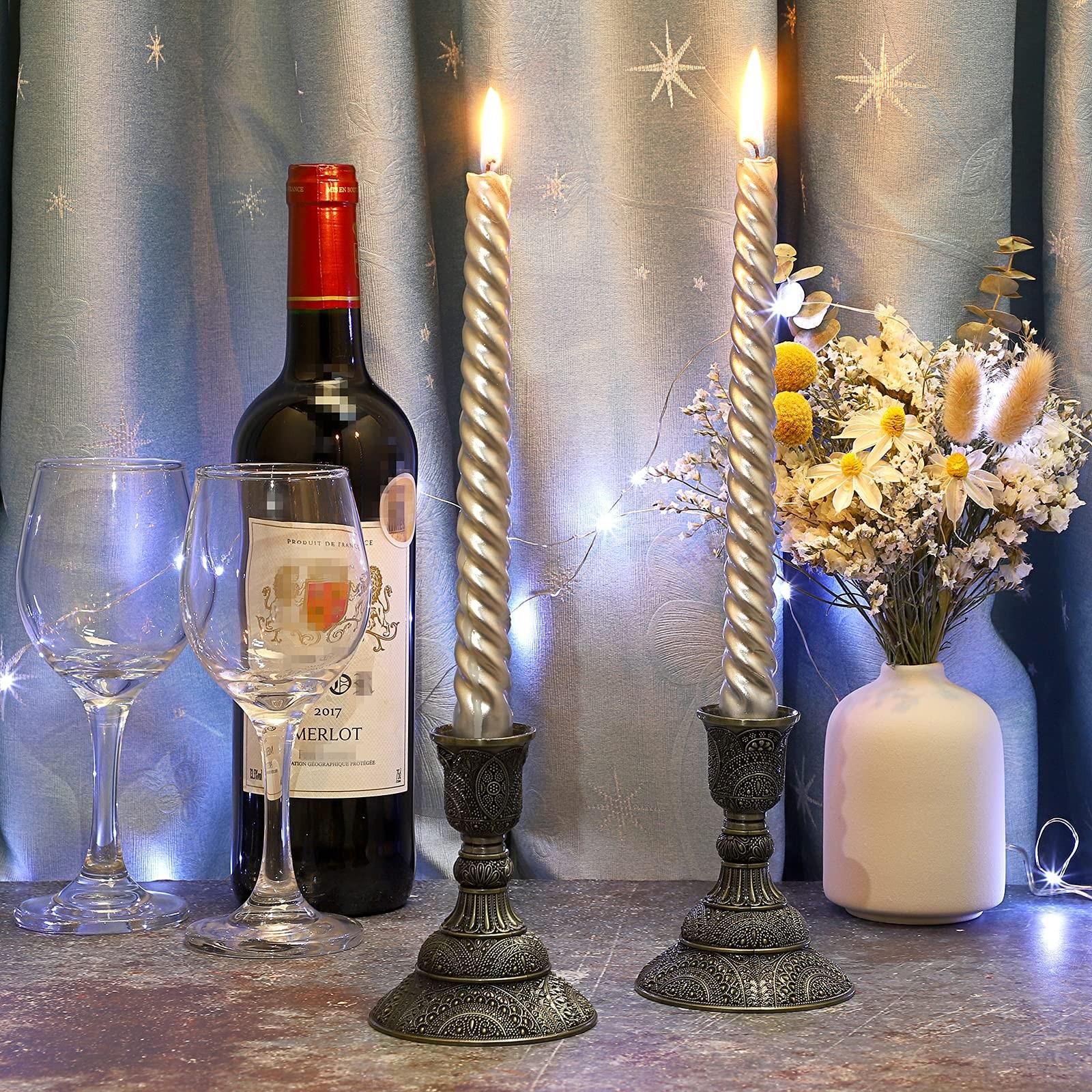 Vintage Bronze Relief Metal Candle Holder Set, 2 Pieces, 3.9 Inches Tall, Intricately Carved, Ideal for Weddings, Formal Dinners, Church, Christmas, Home Decor