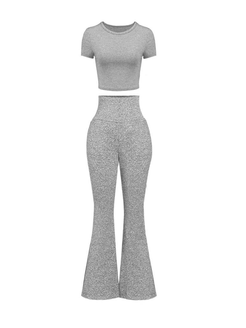 Women's Solid Loungewear Set, Casual Short Sleeve Crop Top & High Waist Flare Leg Pants, Ladies Sleepwear for All Seasons, Pajama Set