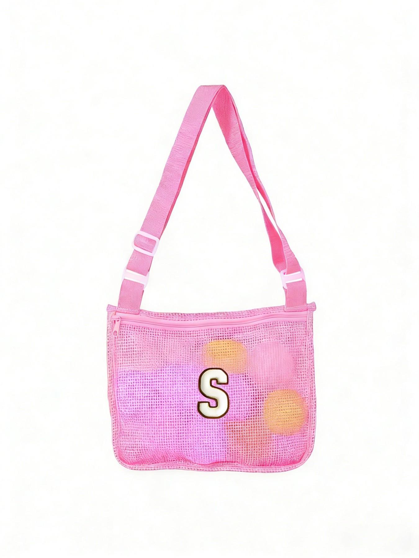 Letter Beach Mesh Bag, Shell Storage Pouch, 30cmx25cm, Unisex Swimming Accessory, Ideal for Vacations, No Ocean Balls Included