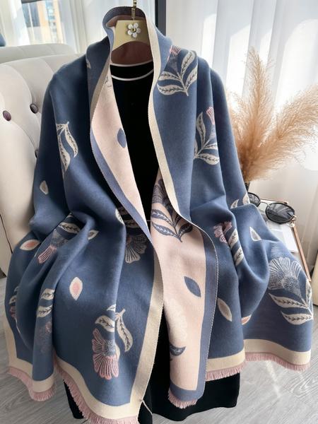 Women's Floral-Pattern Fringe-Trim Shawl, Imitation Cashmere Warm Scarf, Soft Thick Double-Sided Scarf for Fall and Winter, Fashion Accessory for Daily Wear, Great Gift for Girlfriend