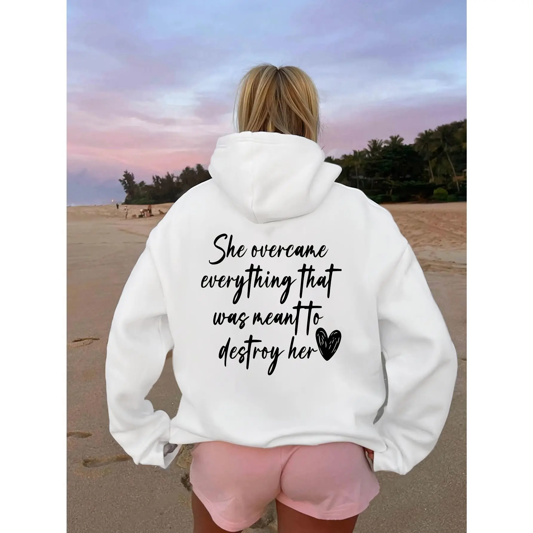 Women's Retro Hoodie with The Inspirational Quote "She Overcame Everything" and Heart Print Lavender Kangaroo Pocket Sweatshirt Machine Washable Fall/Winter Casual Pullover, Comfortable Garment, Soft Fabric, Printed Sweatshirt, Inspiring Outfit