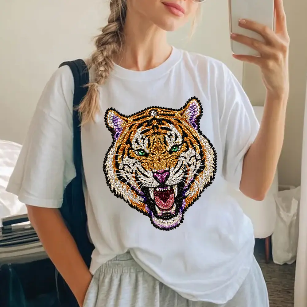 Trendy Glitter Rhinestone Tiger Back Graphic Tee | Cool Y2K Aesthetic T-Shirt for Women Men, Oversized Streetwear Casual Short Sleeve Cotton Top