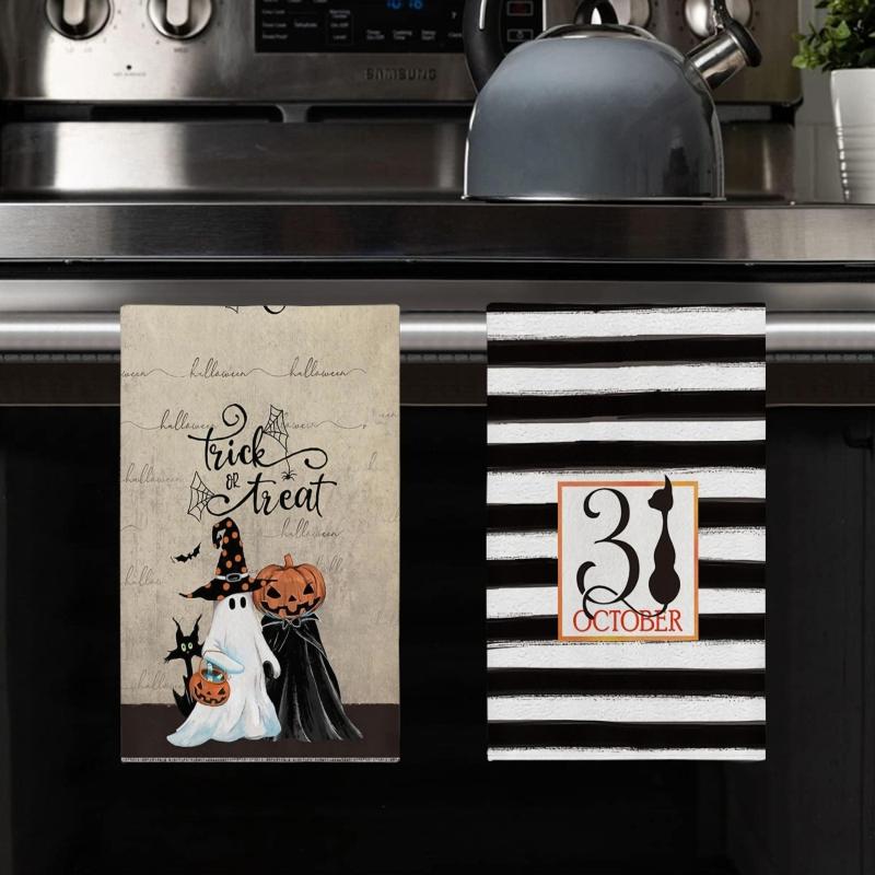 Halloween Kitchen Towels/Dish Towels (Set of 2, 16 x 24 inches) - Featuring vintage pumpkin, ghost, and black cat patterns; suitable for cooking, baking, and cleaning, or as "Trick-or-Treat" themed hand towels or tea towels.