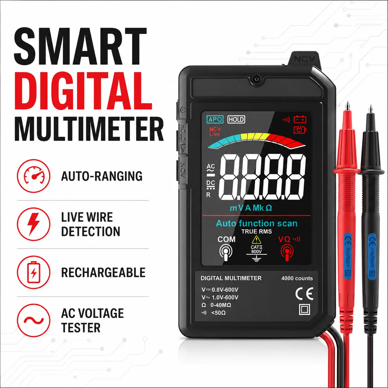 High-Precision Digital Multimeter Tester with Auto Range Function, Rechargeable Battery, Voltage & Resistance Measurement and Non-Contact Live Wire Detection for Everyday Electrical Work