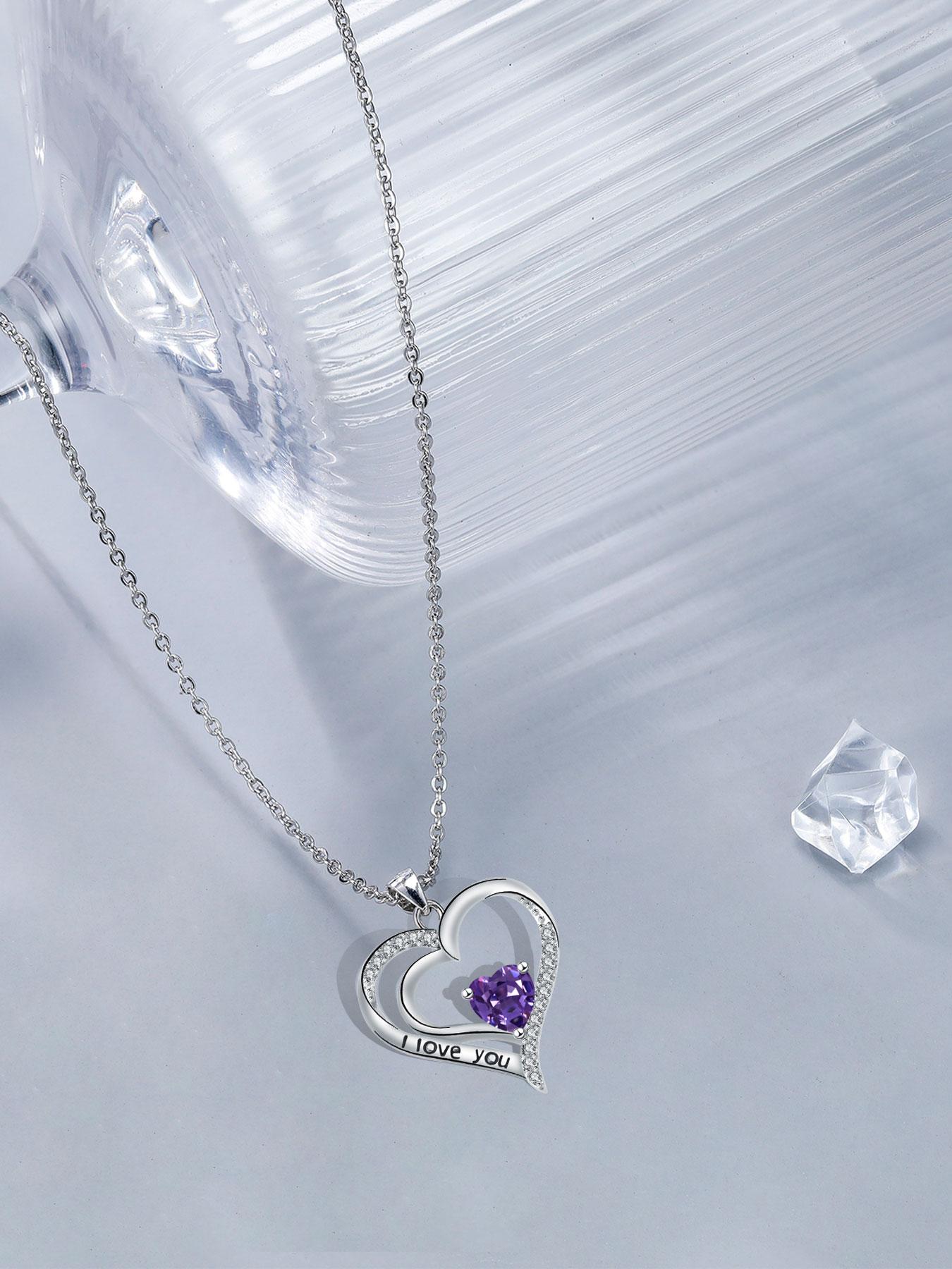 Heart Shaped Cz Birthstone Necklace, I Love You Pendant, Mos Bear Rose Jewelry Gift Box, Girlfriend Birthday Anniversary Present, Exquisite Jewelry Gift