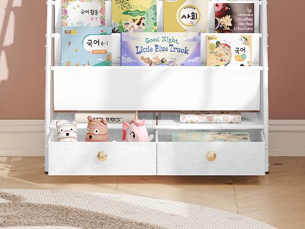 MAHANCRIS Kids Bookshelf, 4-Tier Toddler Bookshelf with 2 Fabric Drawers, Metal Kids Bookshelf and Toy Storage, Small Nursery Book Shelf for Kids Room, Living Room, Study Room, White