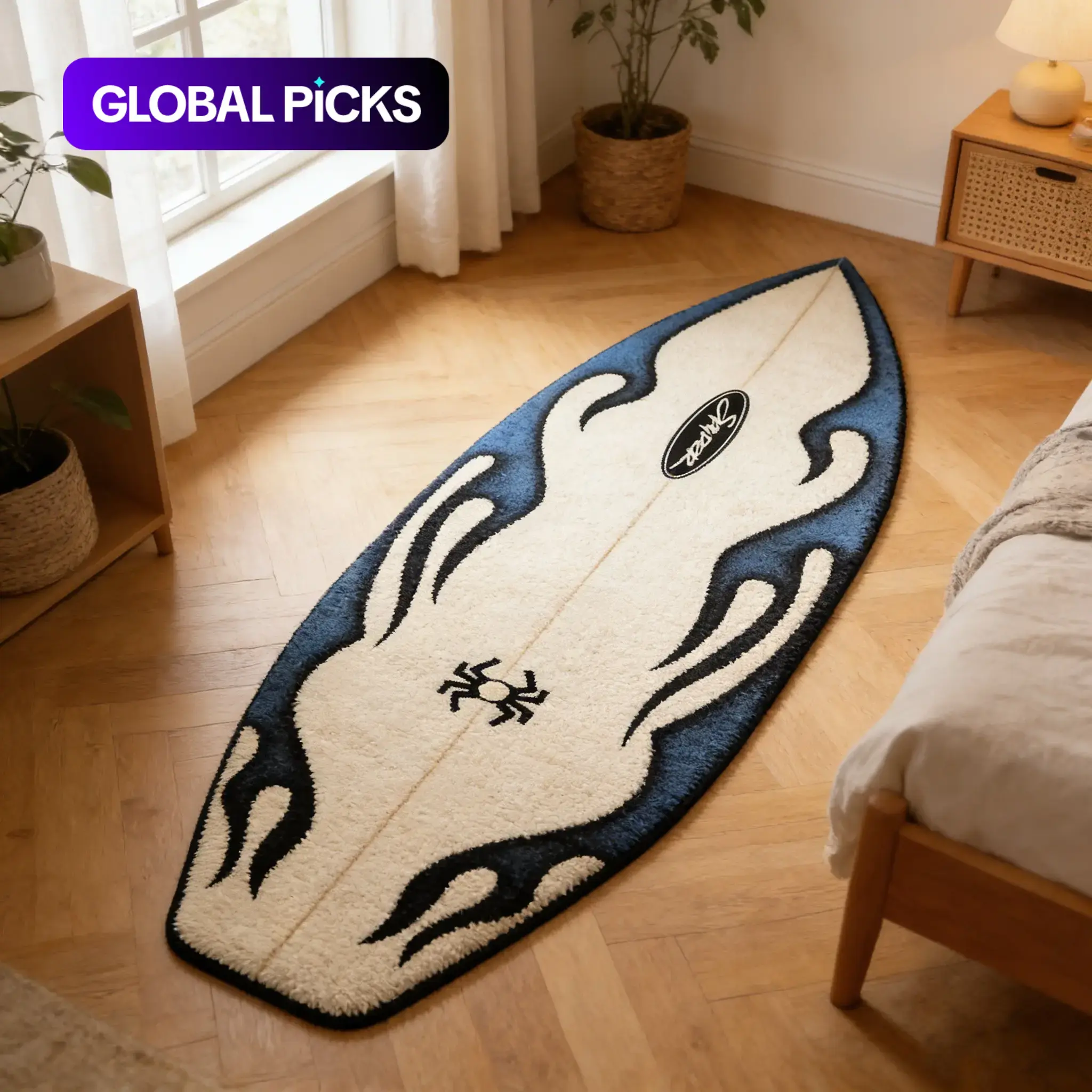 Blue and White Flame Surfboard Alien Carpet Trendy Color Blocking Flocked Floor Mat Anti-Slip Wear-Resistant Bedside Mat Sporty Space Decor Pad Suitable for Ins Style / Streetwear Fashion
