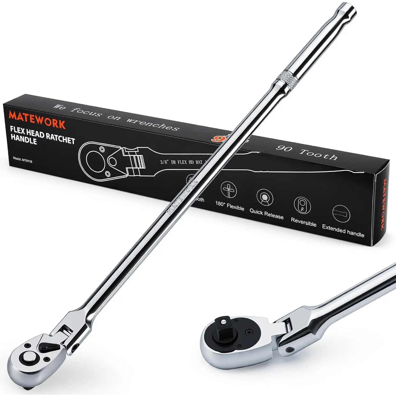 3/8" Drive Flex Head Ratchet Wrench, 17-Inch 90-Tooth Long Handle Ratchet with Quick Release and Reversible Switch, CR-V, 180° Swivel Head Ratchet for Automotive, Home and DIY Repair
