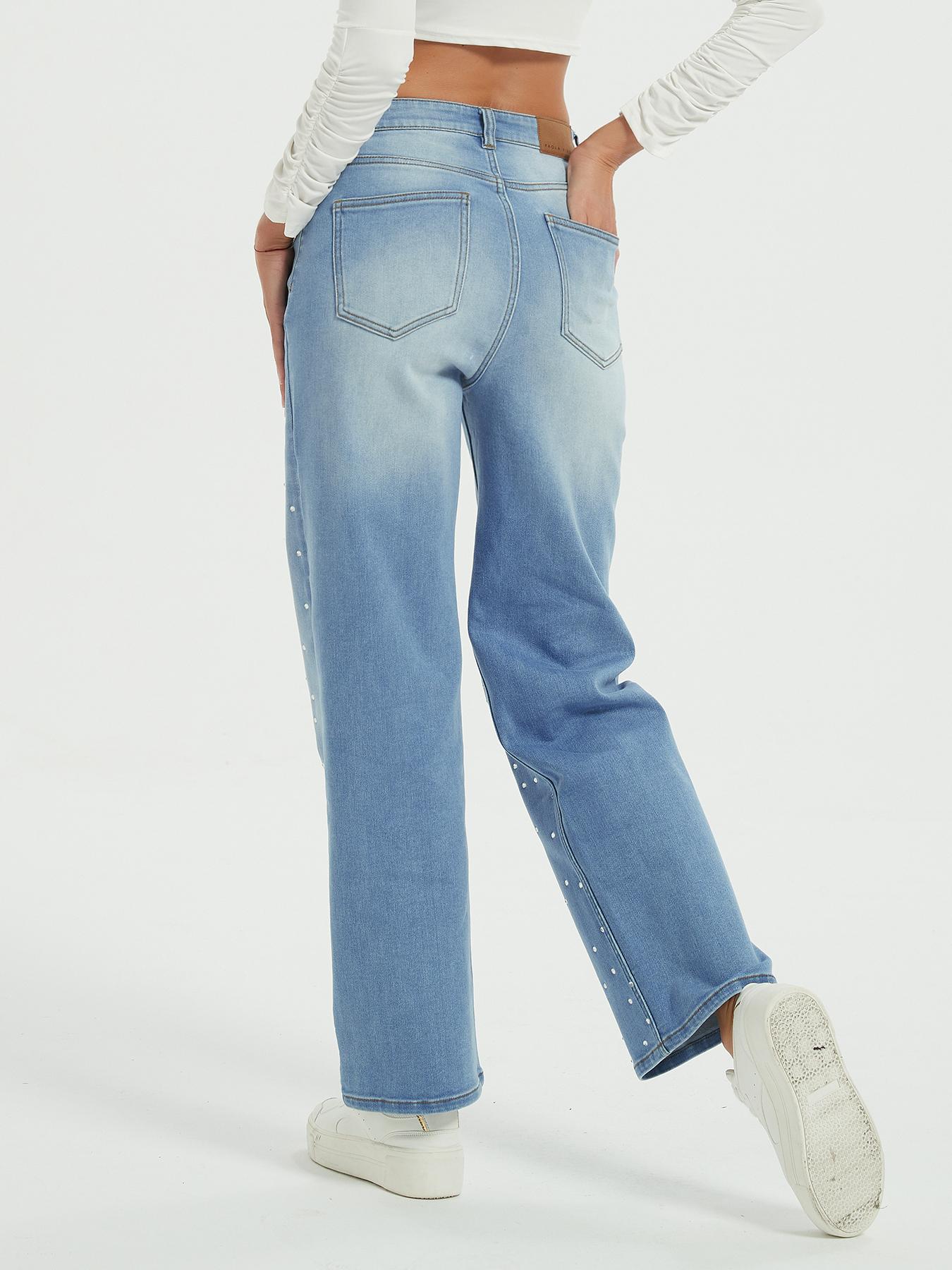 Women's High Elastic Rhinestone Straight Leg Jeans Pants, Casual Fitted Design with Pockets and Zipper, Fall & Winter Fashion