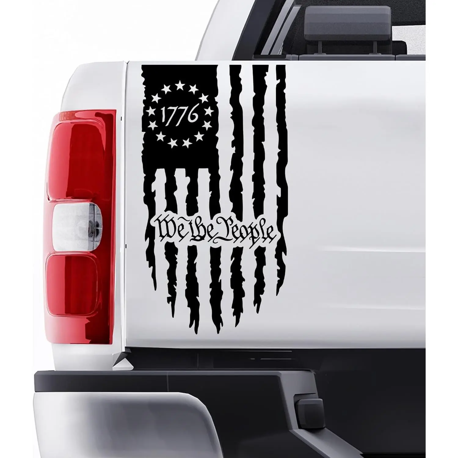We The People Distressed American Flag Vinyl Decal for Trucks, Cars, Tailgate, Windows – US Constitution Preamble Rear Window Sticker for Most Pickup Trucks (Black)