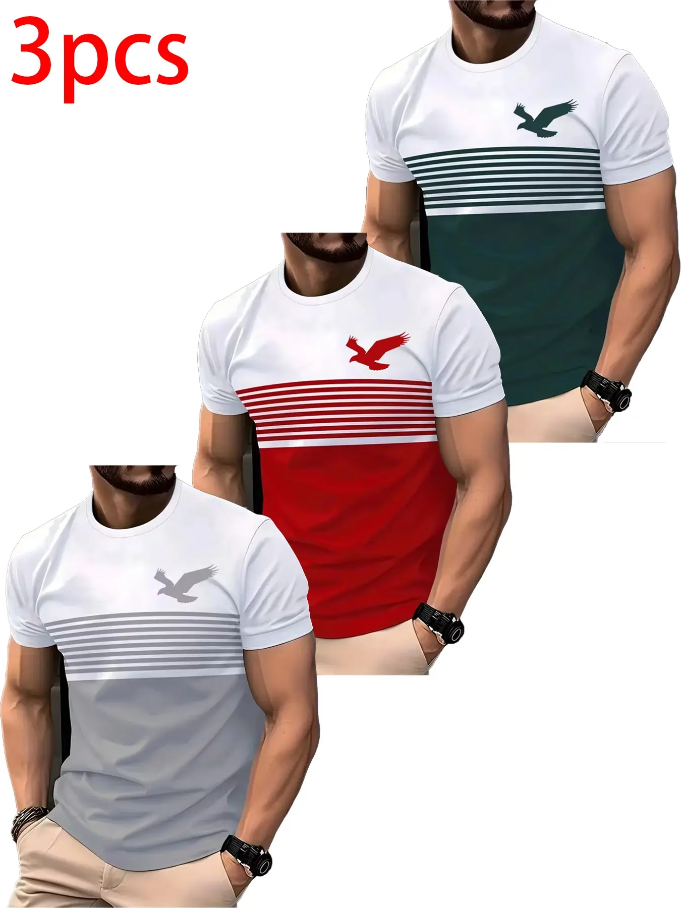 3-Pack Men's Casual T-Shirts, Eagle Print Colorblock Stripes, Short Sleeves, Daily Outdoor Wear, Fitted Long T-Shirt Set