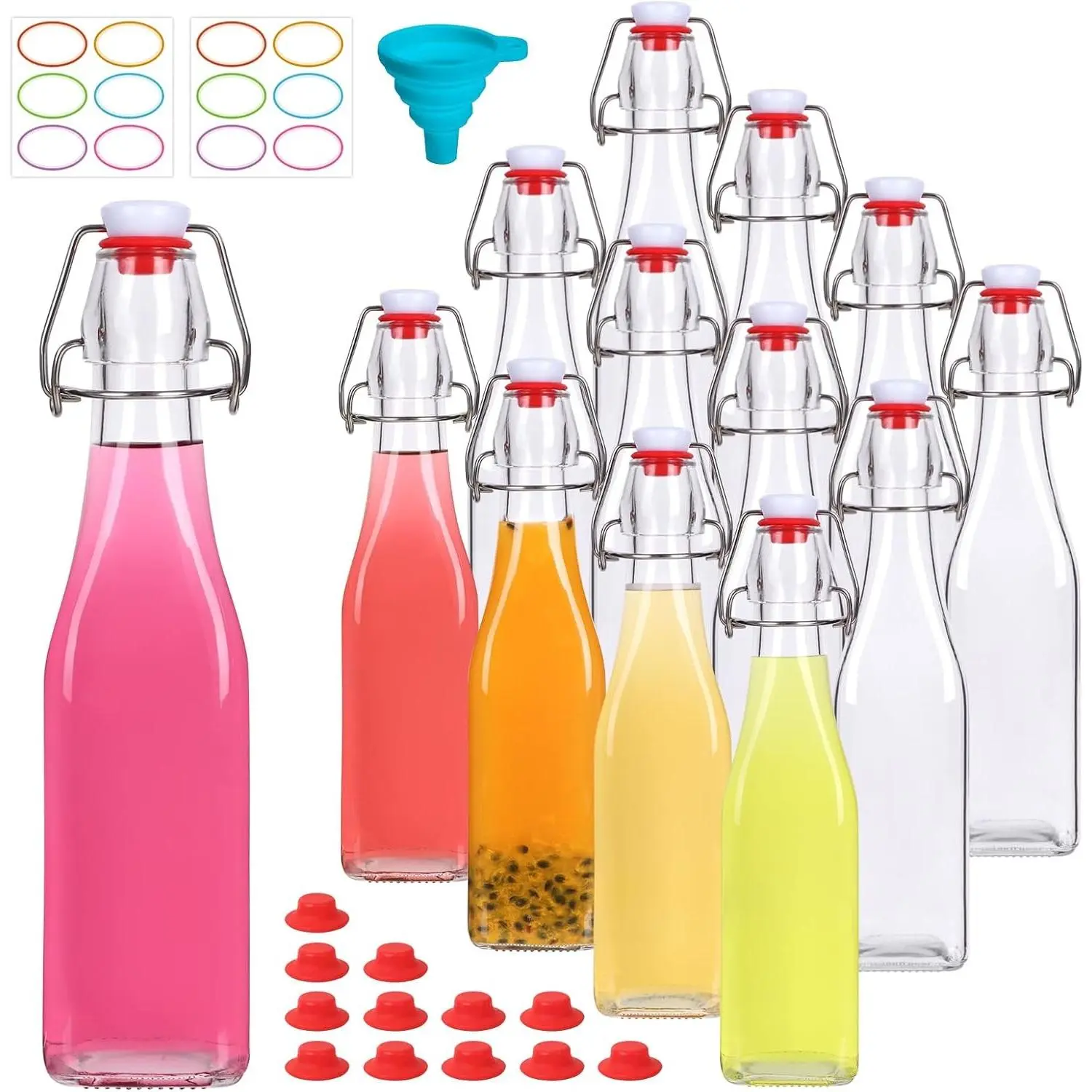 12 Pack 12oz Swing Top Glass Bottles, Flip Top Glass Bottle | Square Bottles with Airtight Stoppers for Kombucha, Kefir, Vanilla Extract, Beer