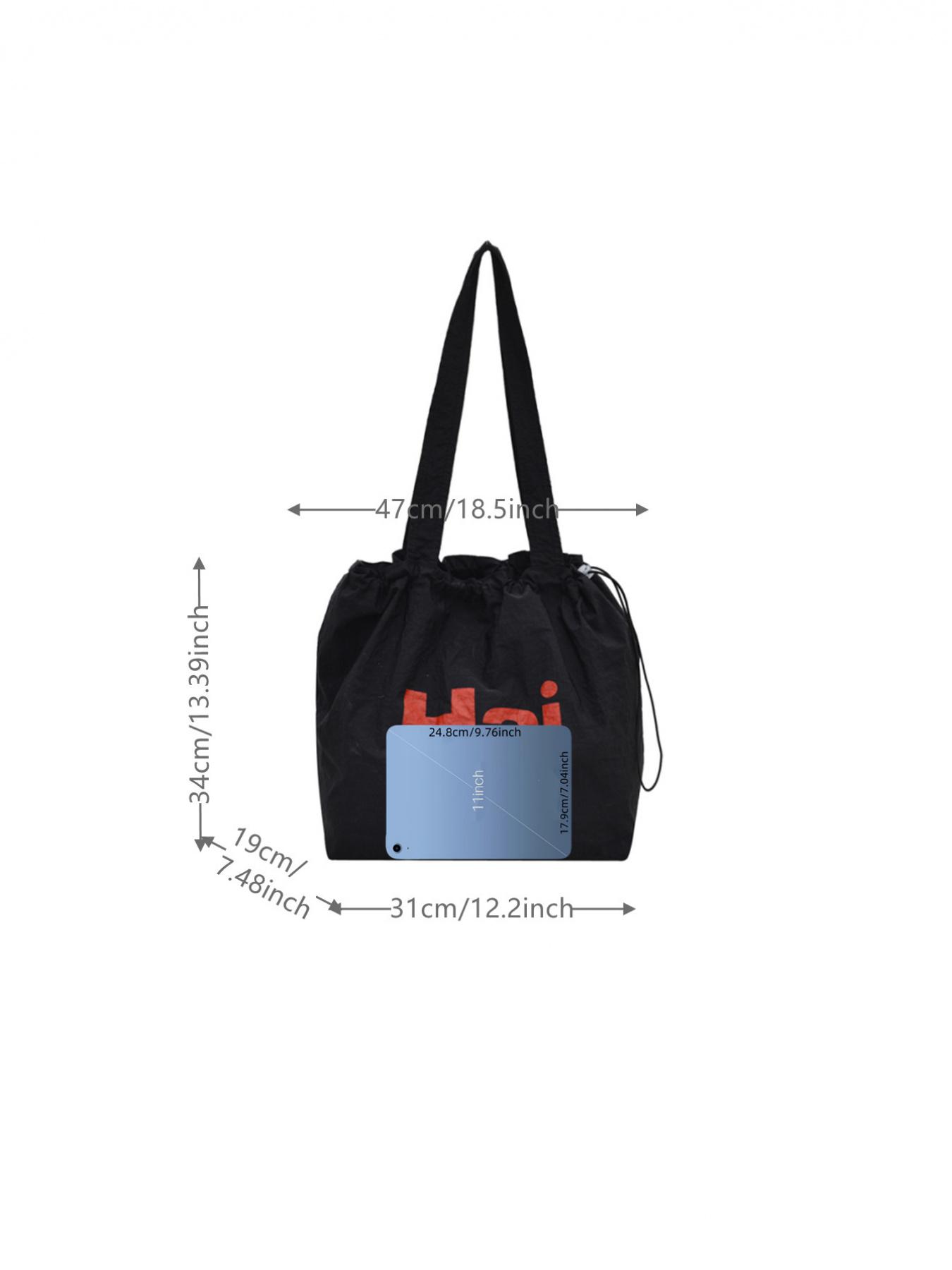 Large capacity drawstring tote bag with letters, simple casual shoulder bag, lightweight and comfortable, street style, work, shopping, underarm bag