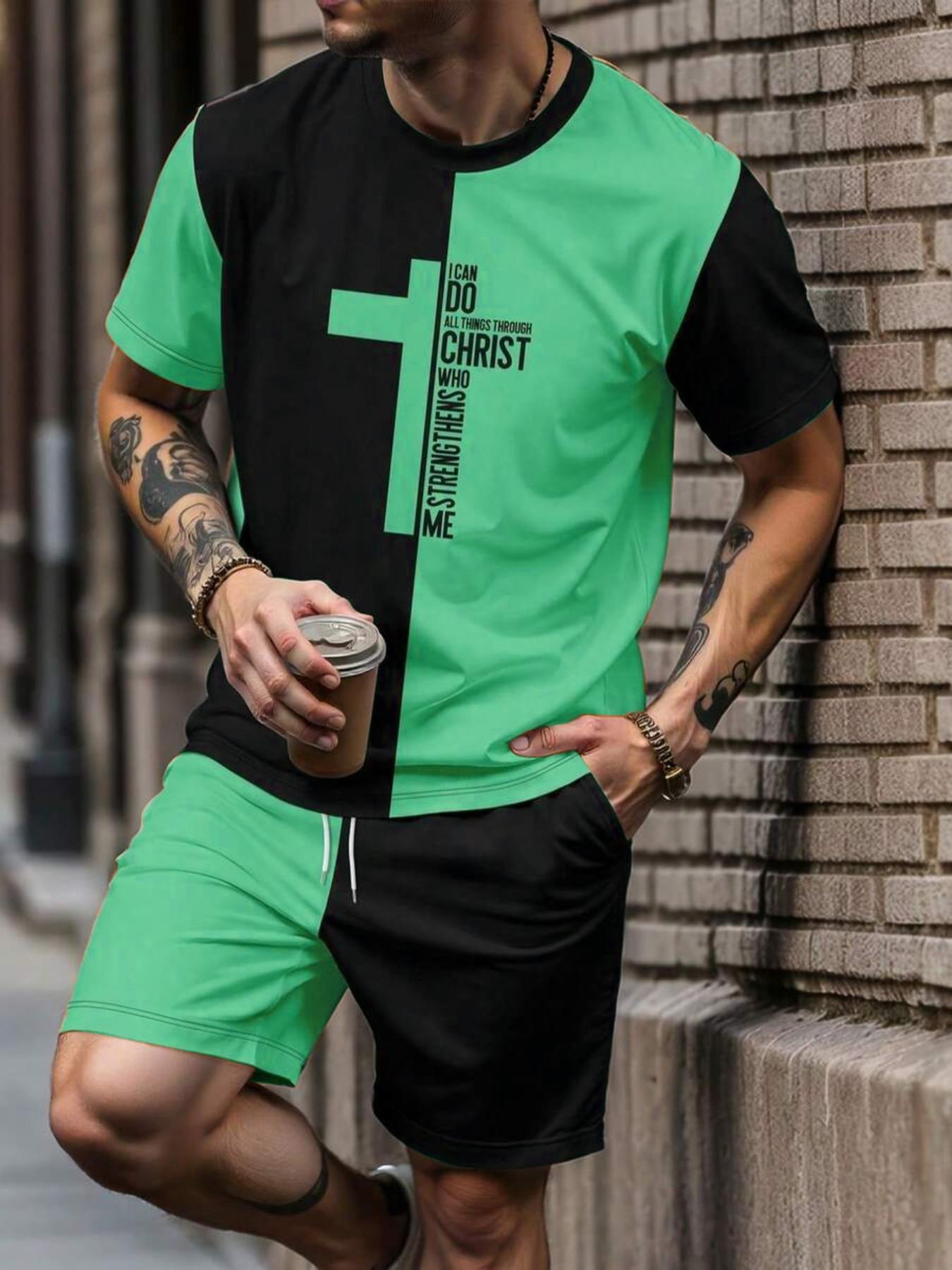 Men's Vintage Religious Style Two-Piece Set, Loose Fit Cross Print Short Sleeve T-Shirt + Gym Shorts, Fashionable for Men