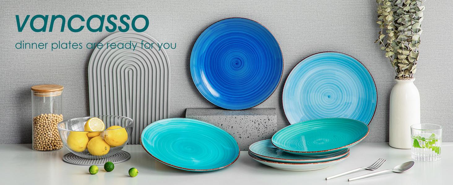 Vancasso Bonita Ocean-Inspired Ceramic Dinner Plate Set - 6 Unique Shades of Blue, 10.5" Plates, Microwave & Dishwasher Modern Porcelain Dinnerware Plateset