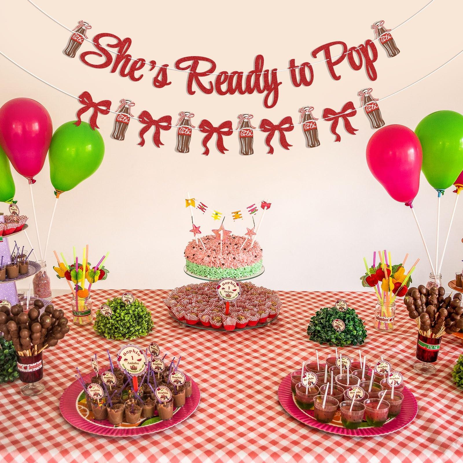 Retro Soda Fountain Baby Shower Decor, She's Ready to Pop Banner, Coquette Soda Theme, Gender Reveal Party Decorations, Glitter