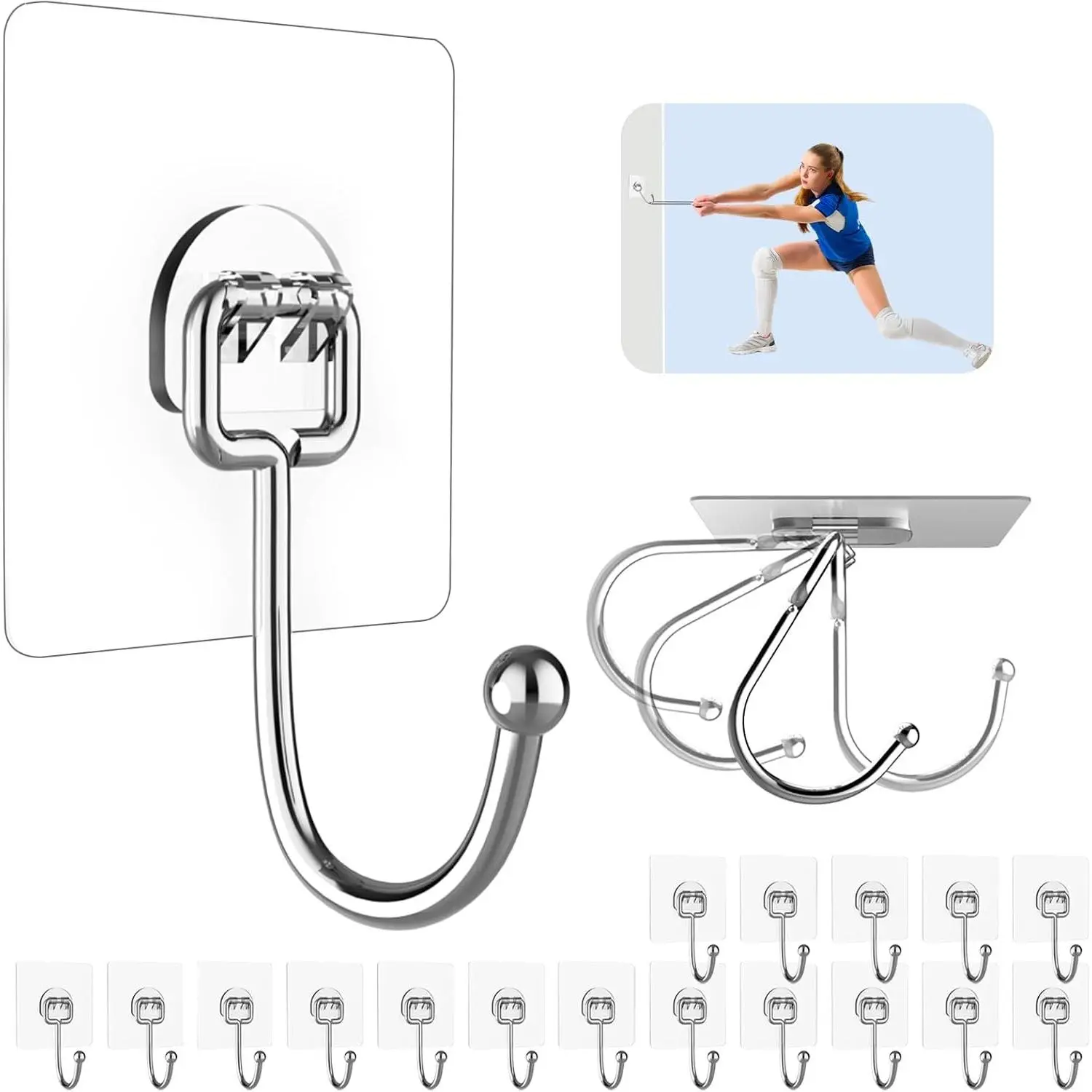 20 Pack Large Adhesive Hooks for Hanging Heavy Duty 44 lb(Max) | Self Adhesive Sticky Hooks Waterproof Stainless Steel Wall Hook for Home Bathroom Shower Kitchen Outdoor Utility Hooks