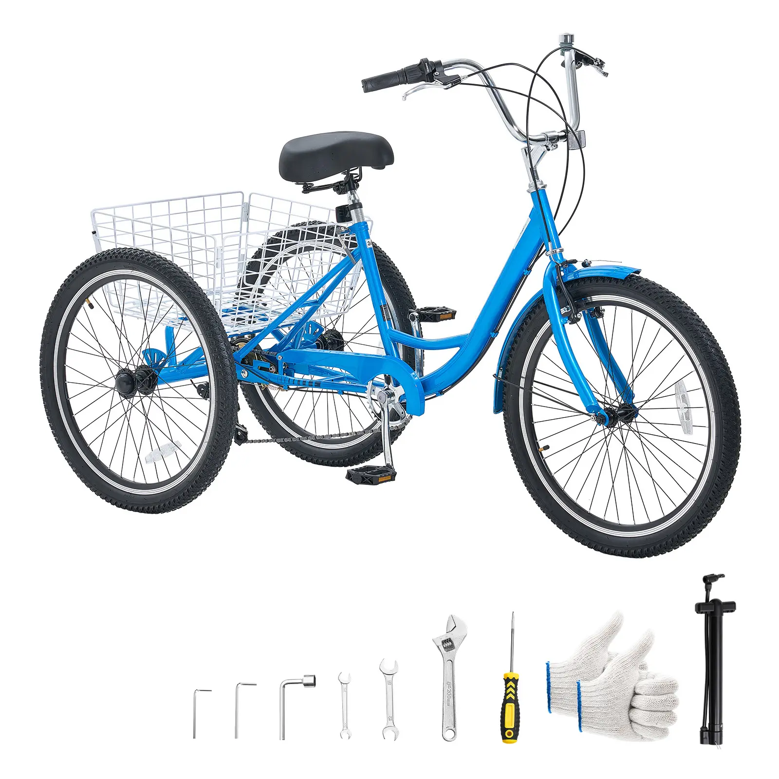 Adult Tricycle 24 inch 7 Speed Trikes for Adult 3 Wheel Cruiser Bike, w/ Cargo Basket, Adjustable Seat, and Double-Wall Wheel Rims, Carbon Steel Shopping Tricycles for Women, Men, Senior (Blue)