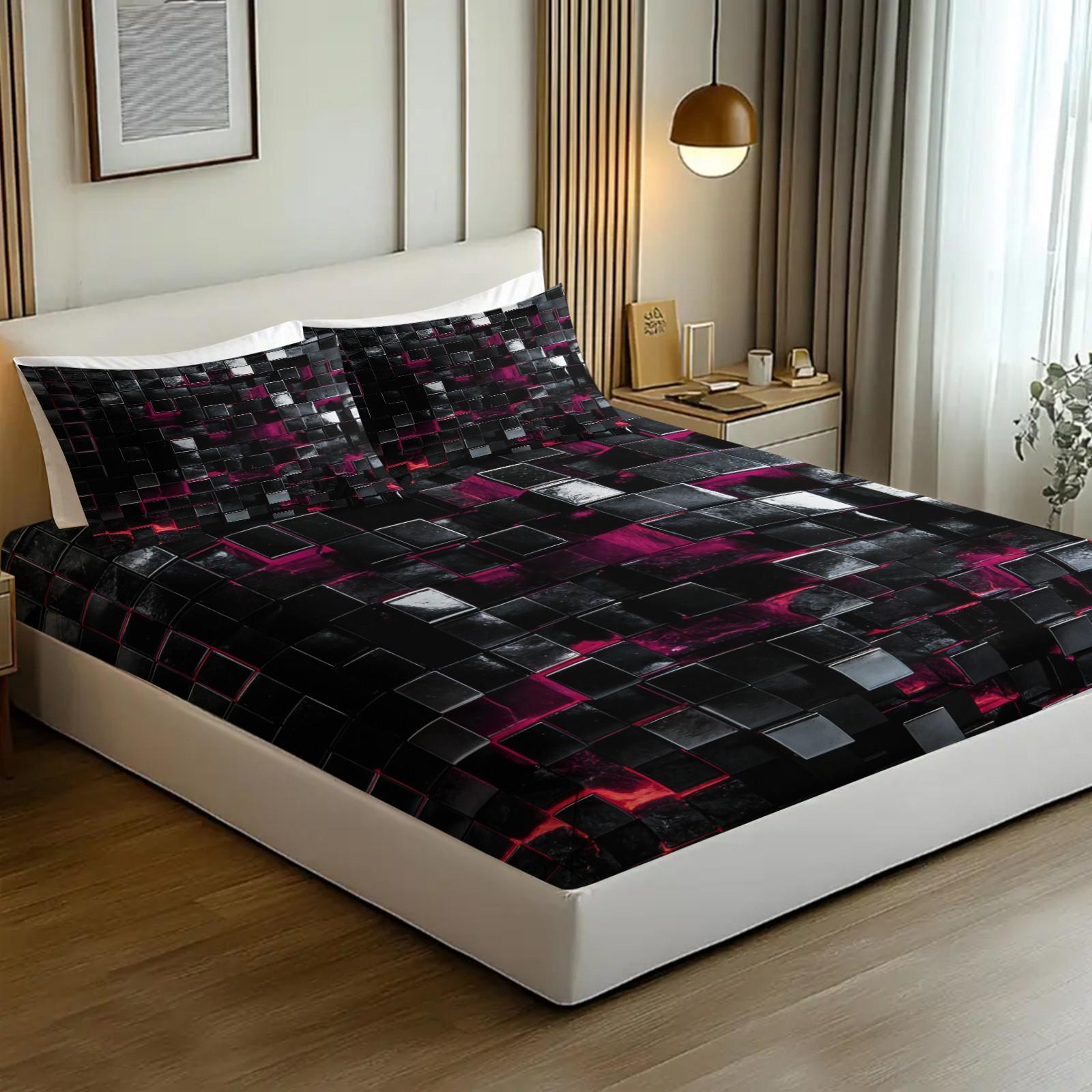 Sci-Fi Neon Cube Lava Fitted Sheet Set & 2 Pillowcases No Core, 3D Metal Texture Block & Red, Pink Neon Glow Design, Soft Anti-Slip Wrinkle-Resistant, Cyberpunk Bedroom E-Sport Room Decor, Gift for Boys, Teens