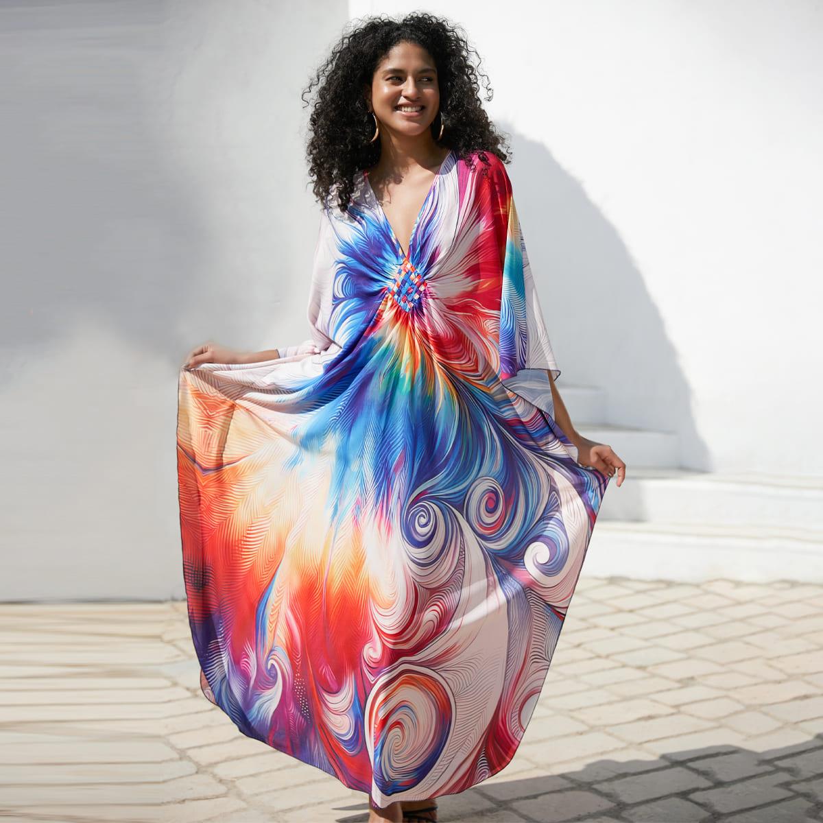 Bsubseach Women Ethnic Print Kaftan Beach Dress Plus Size Swimsuit Cover Up