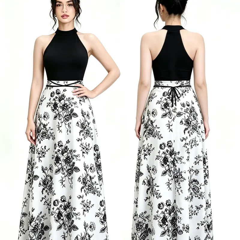 Elegant Chic Halter Neck Dress, Open Neckline Design, High-Waisted, Retro Vintage Floral Print Pattern, Perfect for Office Wear, Dates & Casual Wear, Floral Print Dresses