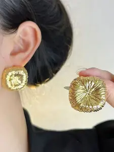 Vintage Tree Bark Texture Square Earrings, Style Hollow Half Sphere Studs, Exaggerated High-End Daily Wear Jewelry