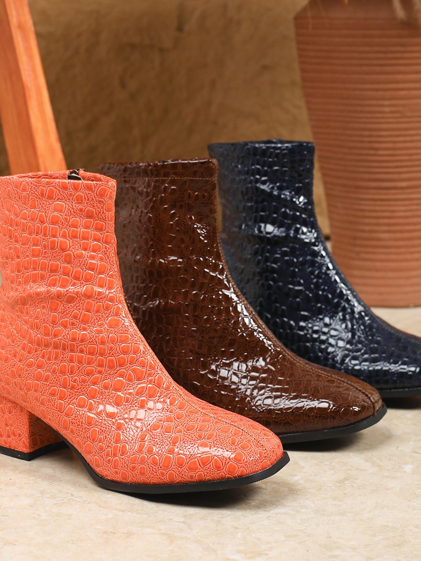 Multicolor Crocodile Pattern Square Toe Ankle Boots, Stylish Mid-Heel Side Zipper Chunky Heels for Fall & Winter, Vintage Fashion Shoes for Casual Outings, Rubber