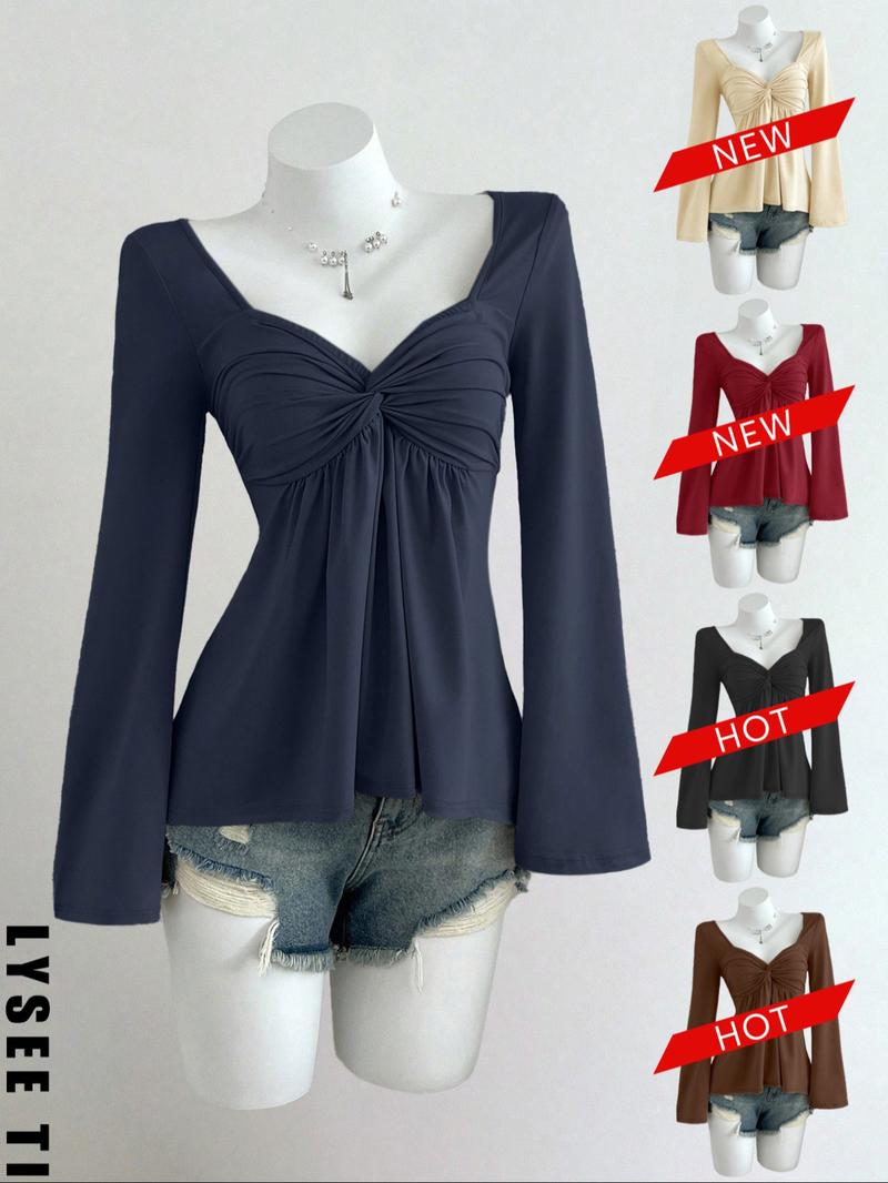 26 Valentine's Day Autumn/Winter Shot Pure Desire Style Casual Fashion Apricot Square Neck Chest Wrinkled Doll Shirt Long Sleeve Women's T-shirt 26 Valentine's Day Autumn/Winter Shot Pure Desire Style Casual Fashion Apricot Square Neck Chest Wrinkled Doll Shirt Long Sleeve Women's T-shirt