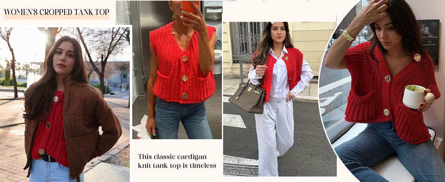 Naeduo Womens Crochet Chunky Knit Top Sleeveless Button Down Crop Tops Trendy Cardigan Sweater Vest for Women with Pockets