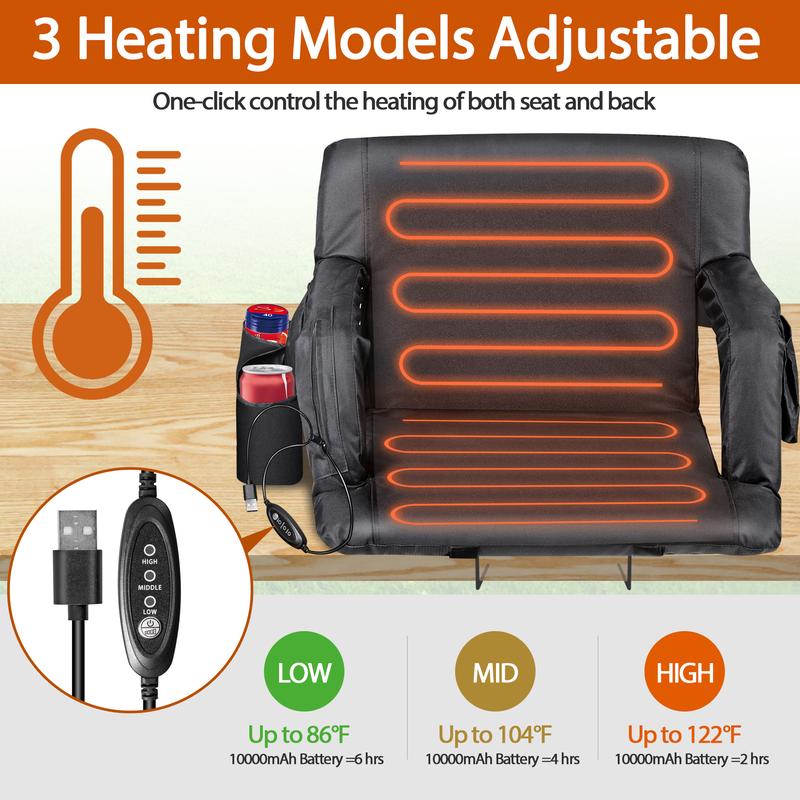 SEGAWE 25-in Heated Stadium Seats for Bleachers with Back Support & Wide Cushion Portable Bleacher Seat Foldable Stadium Chair