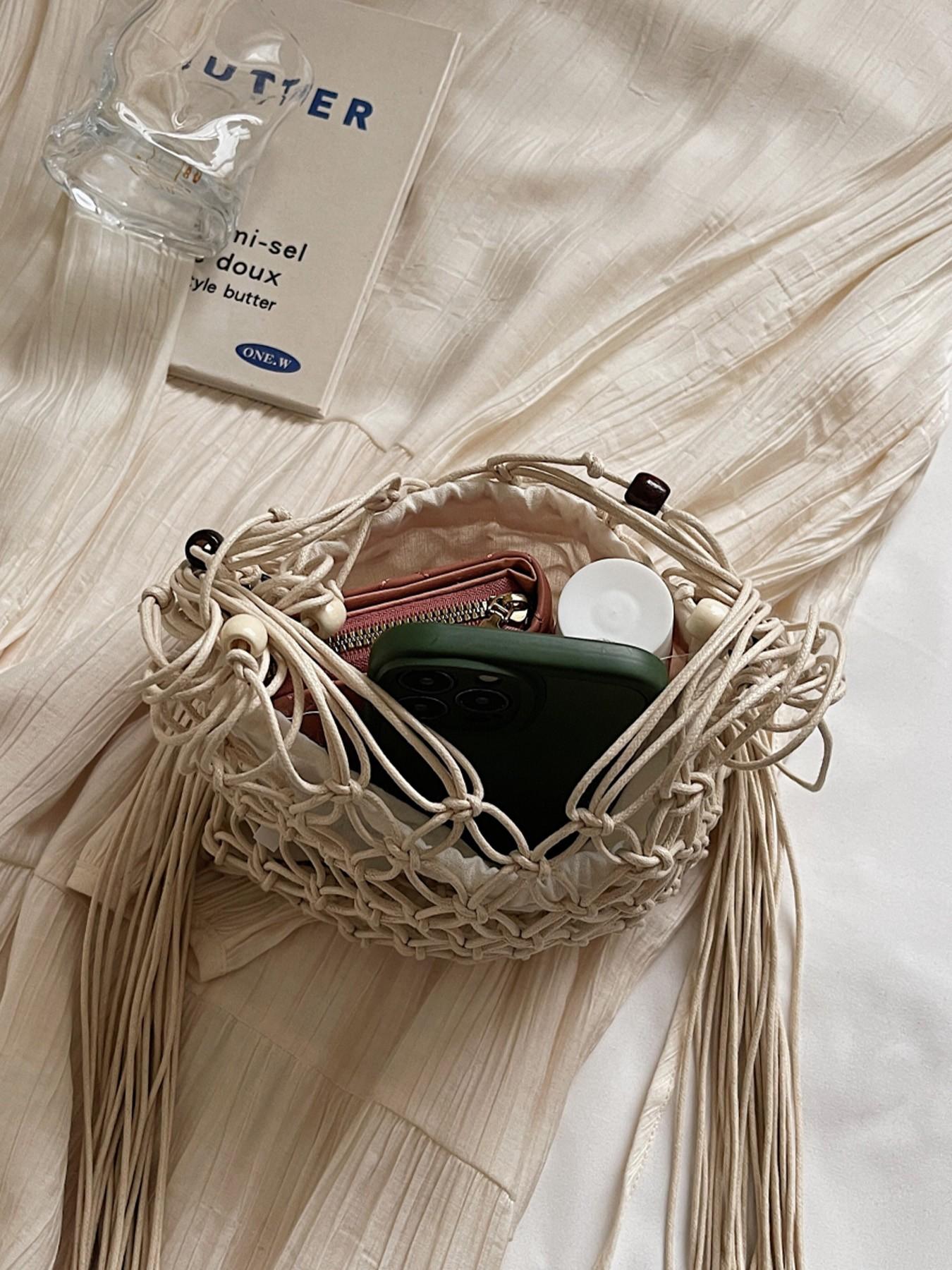 1pc Boho Macrame Fringe Shoulder Bag for Women, Handwoven Beaded Net Tote with Drawstring Lining, Summer Beach Woven Hobo Handbag