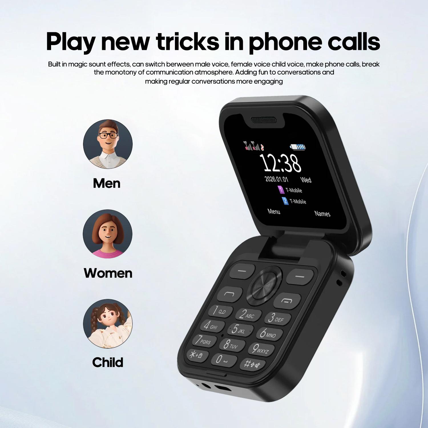 FUFFI fashionable mini folding clamshell phone with 2G network, 1.77-inch high-definition screen, dual SIM dual standby, 1000 mAh battery, flashlight/ music/ video/ convenient lanyard/ maximum support for 8GB capacity expansion