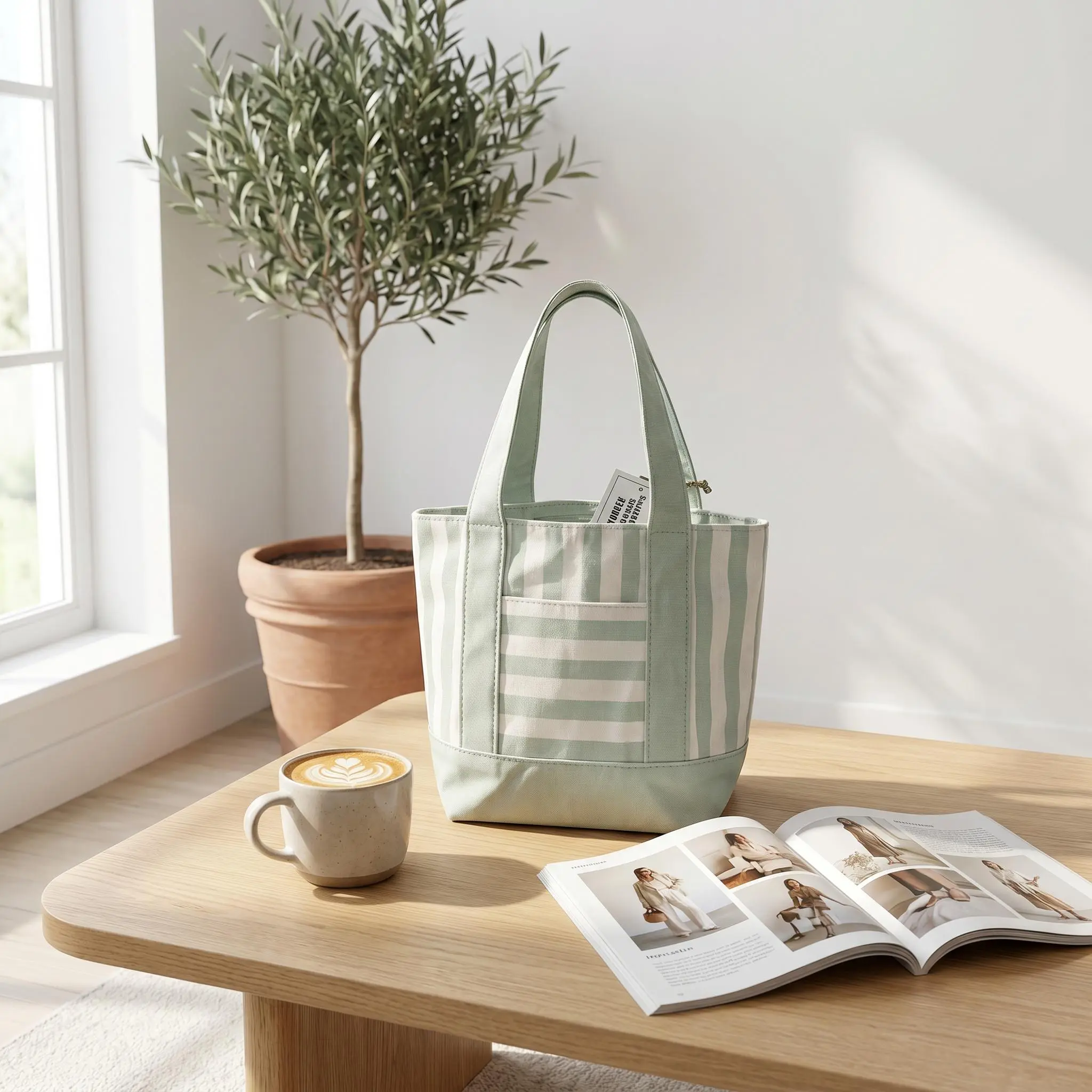 Women's mini striped canvas tote—a compact handbag featuring a minimalist, trendy style and an external pocket for easy access to essentials; suitable for daily commuting, beach outings, and shopping.