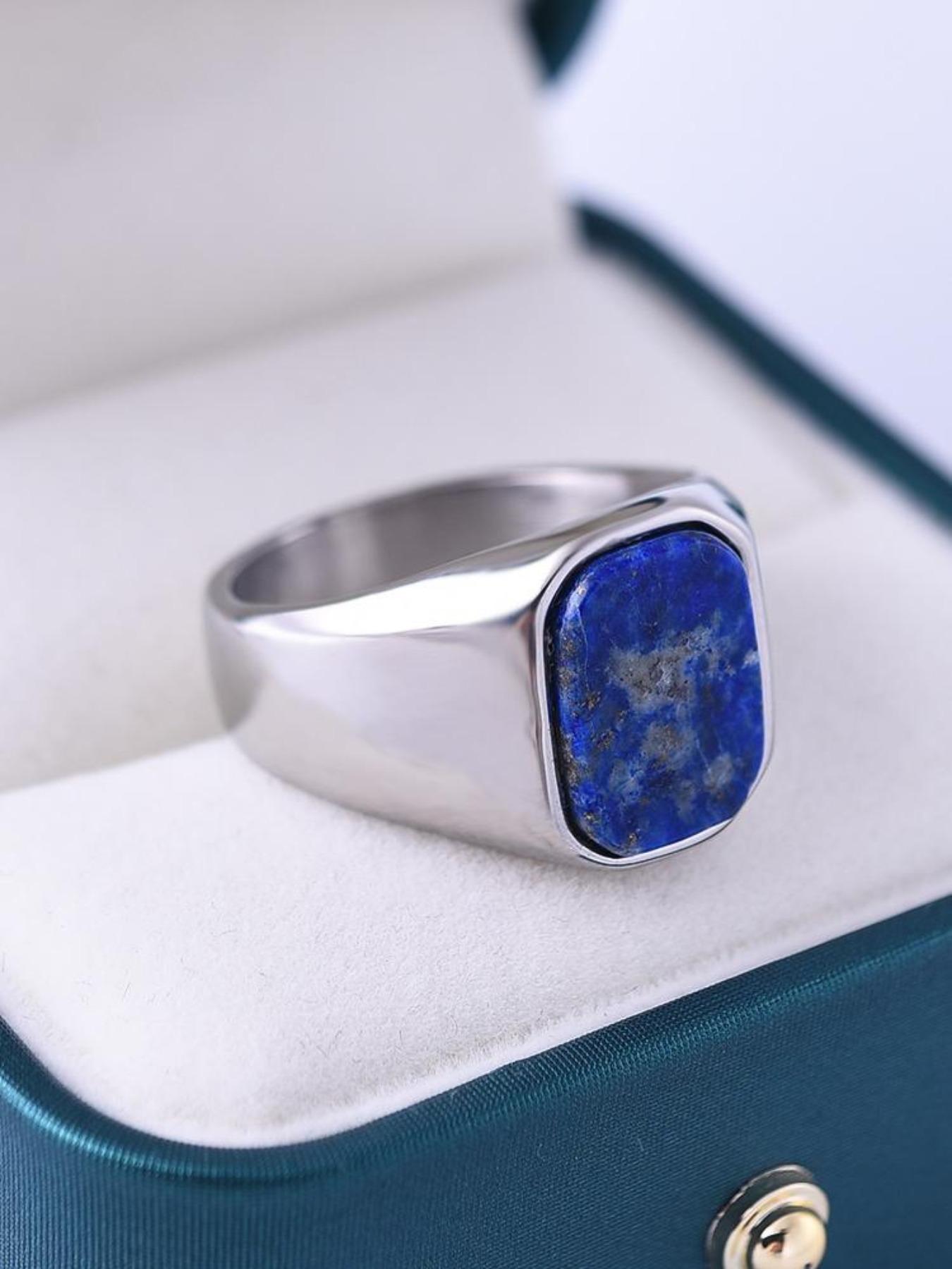 Vintage Turquoise Men's Stainless Steel Ring, Natural Agate Vein, Unique Gemstone Accessory