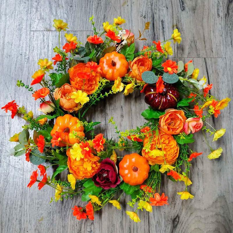 Classic Pumpkin Design Non-Woven Simulated Artificial Wreath (45cm/17.72in) - Lightweight, High-Quality Decoration with Realistic Texture, Bright Color, Strong Durability, Flower Filler for Autumn Front Door, Indoor-Outdoor Home Decor