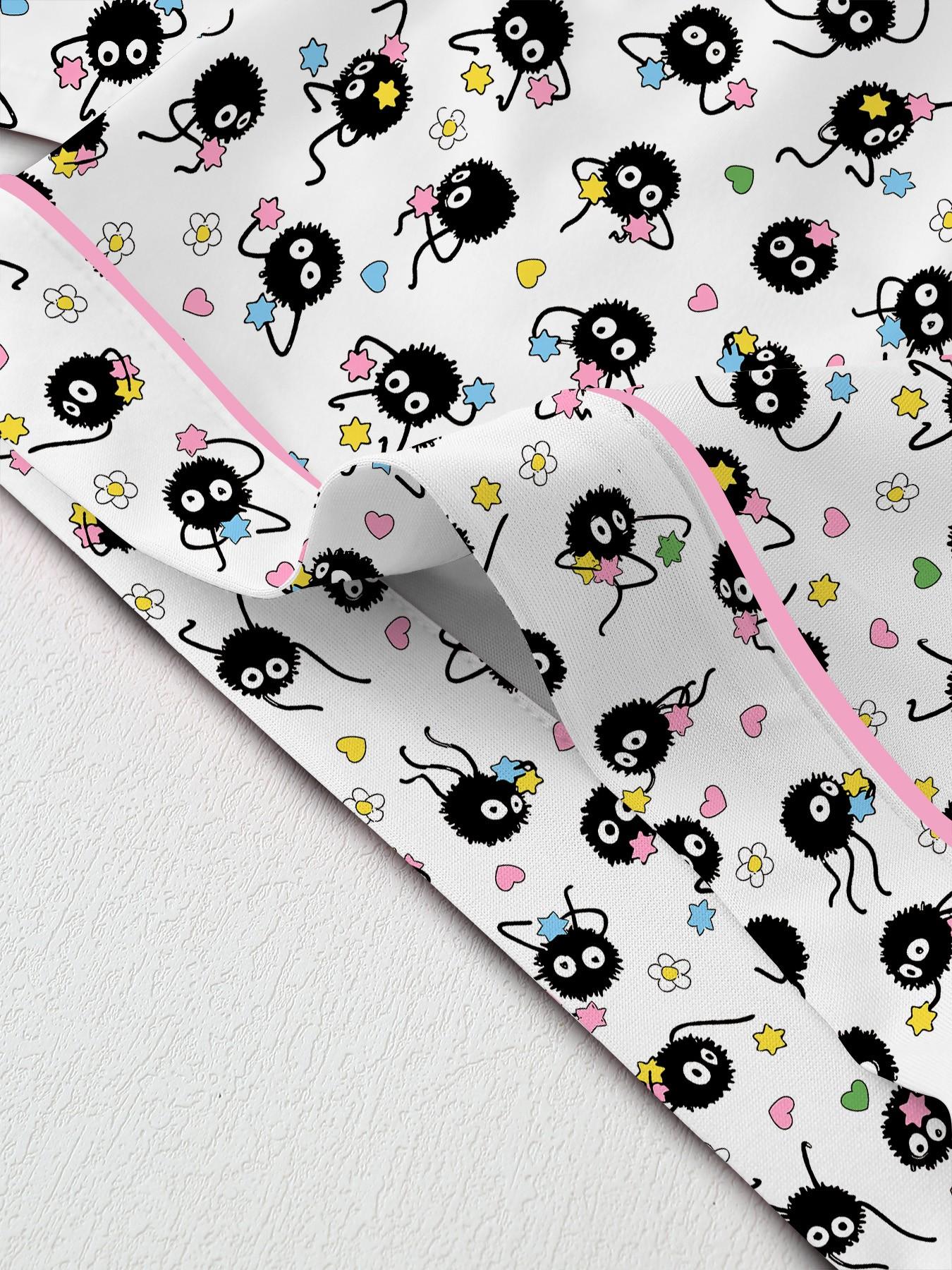 Cartoon Print Women's Pajama Set, Pjs, Comfortable Two-Piece, Short Sleeve Button-Up Top and Elastic Shorts, Casual Home Wear, Loungewear, Nightwear, Party Gift