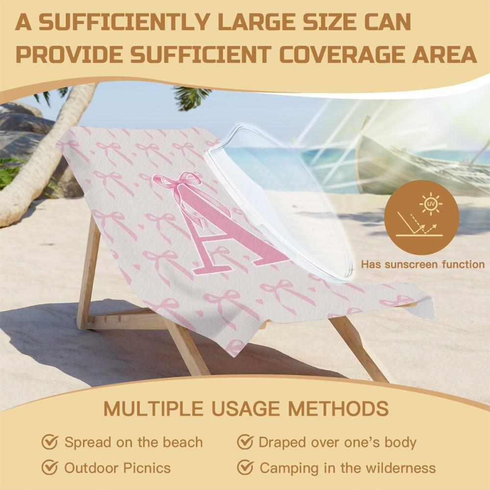 Pink Romantic Ballet Bow Alphabet Sand-Free Beach Towel, for Beach, SPA, Hot Spring, Picnic, Camping, Fitness & Yoga, Water Absorbent, Quick-Dry & Portable, Ideal Housewarming Birthday Christmas Gift