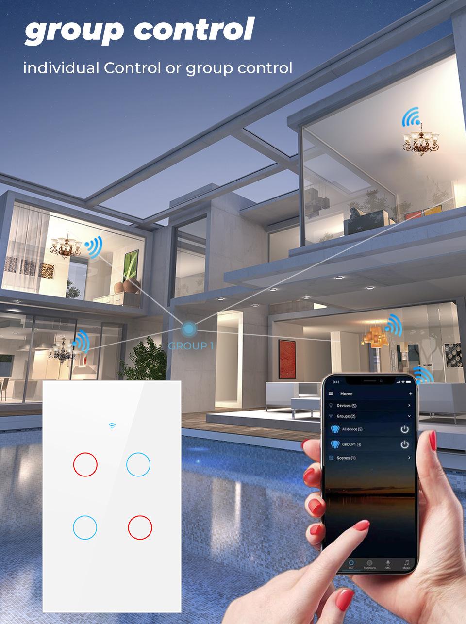 Tuya Wall Switch, Wi-Fi RF Touch Wireless Light Switch, Tempered Glass Panel, Smart Control, Energy Saving, Compatible with Alexa & Google Assistant