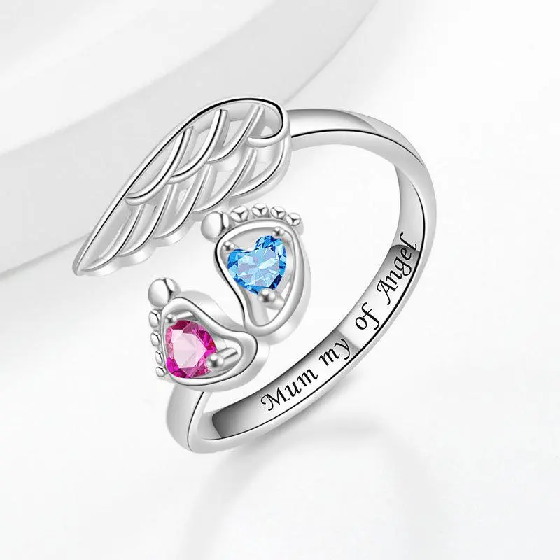 Angel Baby Memorial Ring Adjustable Angel Wings & Footprint Ring with Colored Gemstones | Gift for Angel Mom