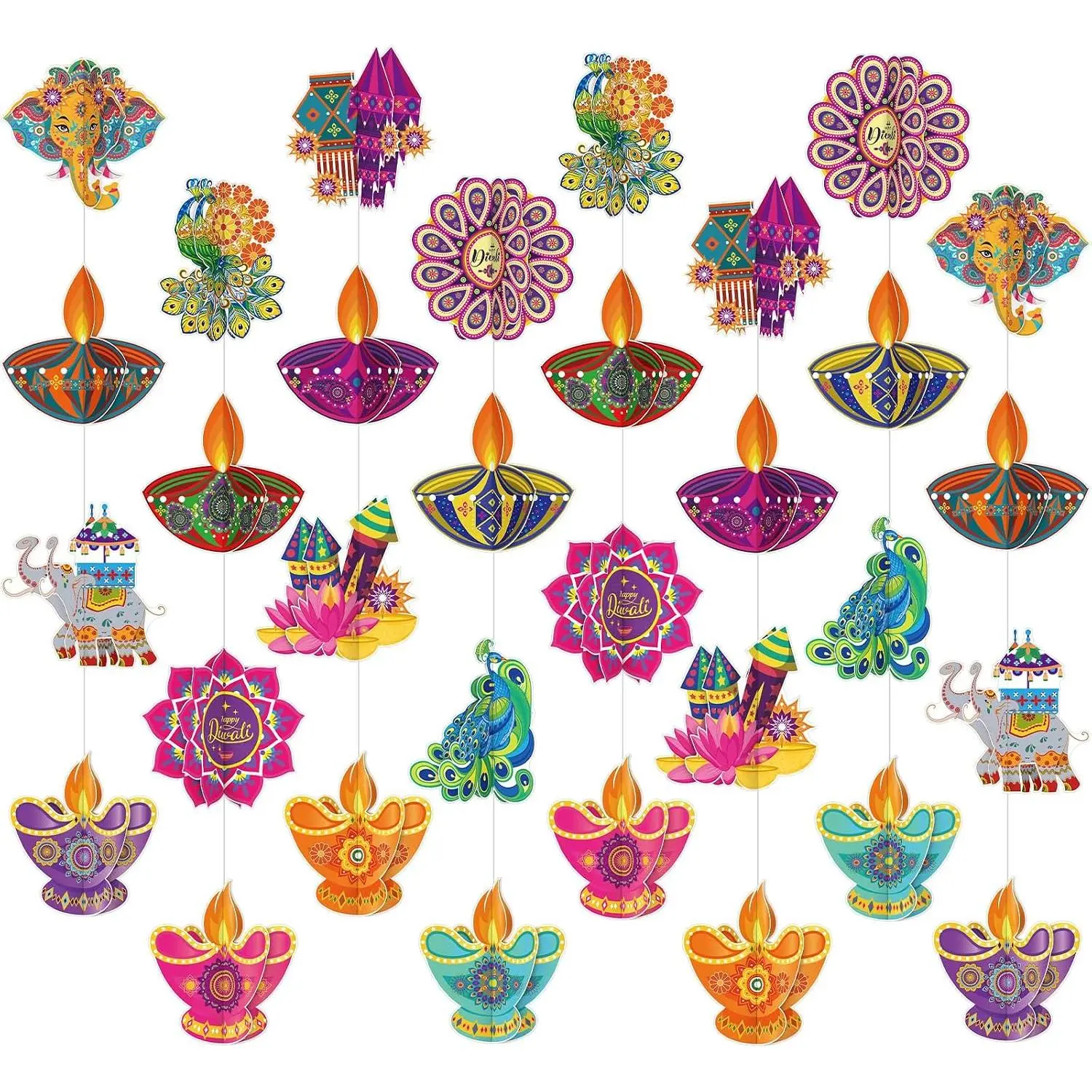 8 count Happy Diwali Decor 39'' Indian Festival of Lights Party  Decor Peacock Elephant Rangoli Diya  Cutouts Indian Diwali Deepavali Party Supplies for Doorway Curtain Window Ceiling