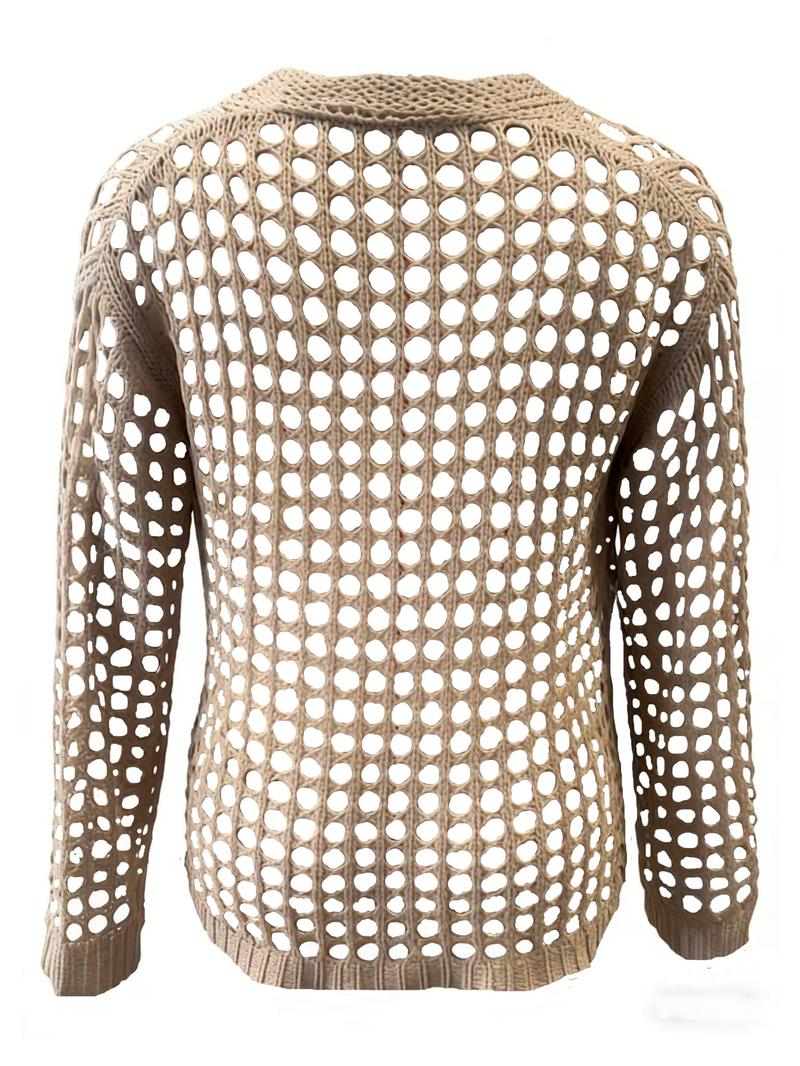 Women's Solid Color Button V-Neck Knit Cardigan Long Sleeve Hollow Out Sweater, Casual Fashion Pullover for Fall & Winter