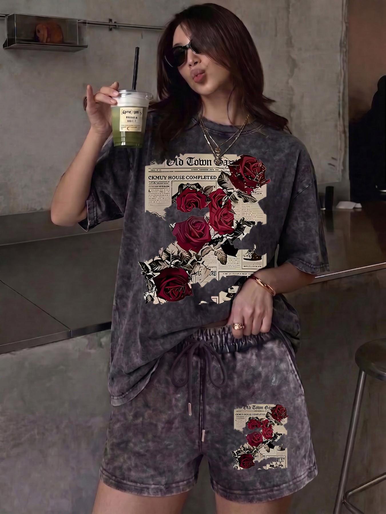 A relaxed, casual two-piece set featuring a floral rose-print tie-dye design; includes a crew-neck, short-sleeve washed T-shirt and drawstring shorts with pockets—perfect for outdoor leisure Clothes
