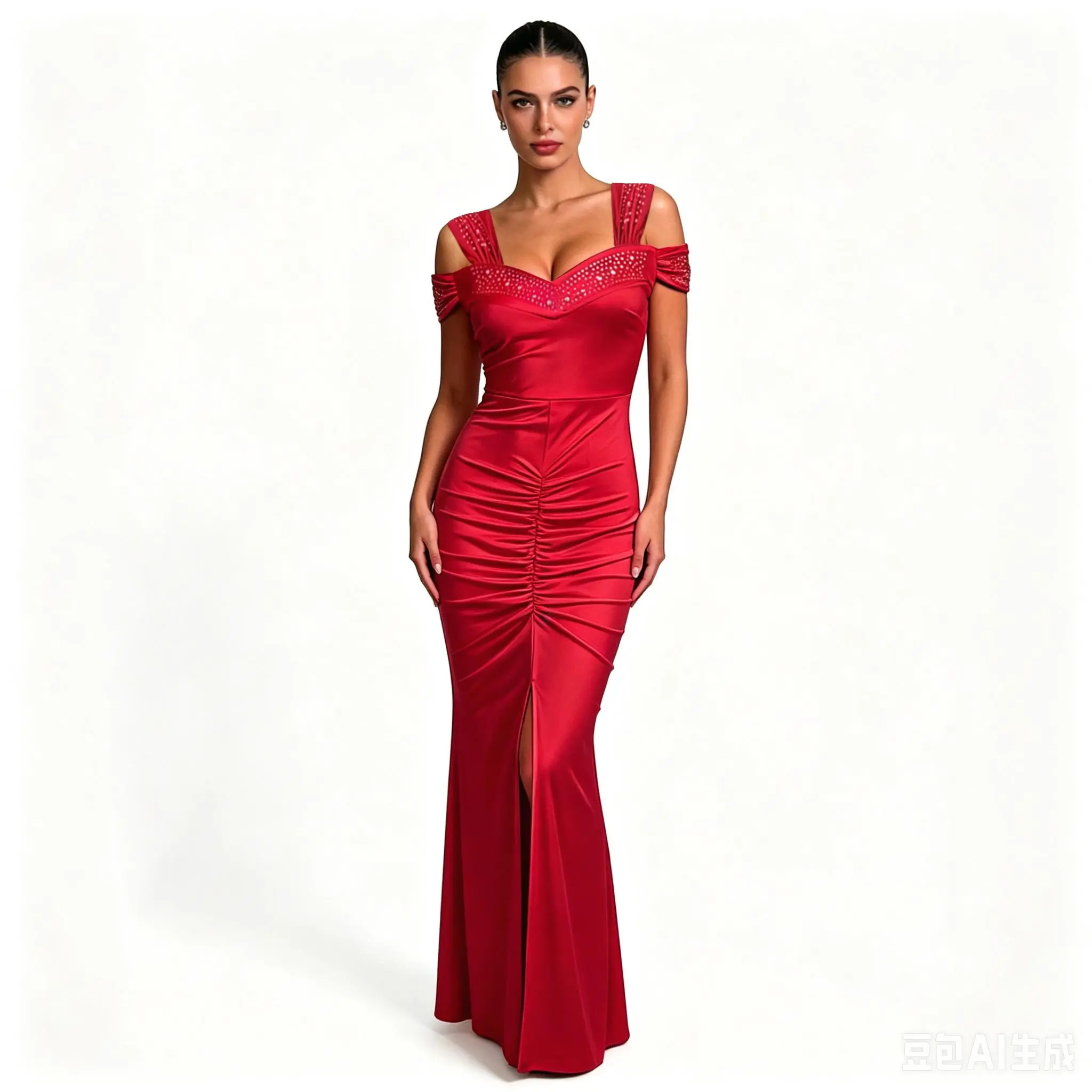 Women's Formal Off-Shoulder Gown, Pleated Rhinestone Embellished Fishtail Evening Dress with High Slit for Prom, Formal Wear, Lady