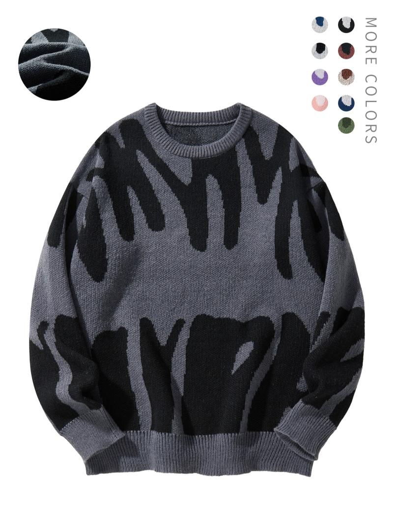 Unisex Men's Round Neck Drop Shoulder Hip Hop Sweater, Regular Fit All Over Print Long Sleeve Knitting Pullover, Drippy Outfits, Going Out Outfit