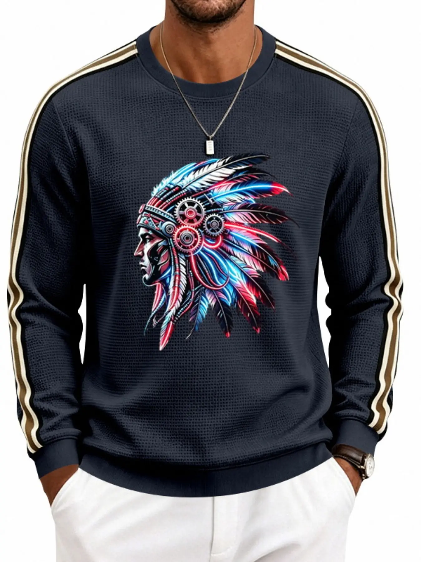 Men's Loose Fit Casual Sporty Waffle Indian Print Round Neck Colorblock Long Sleeve Sweatshirt, Comfortable and Stylish Pullover