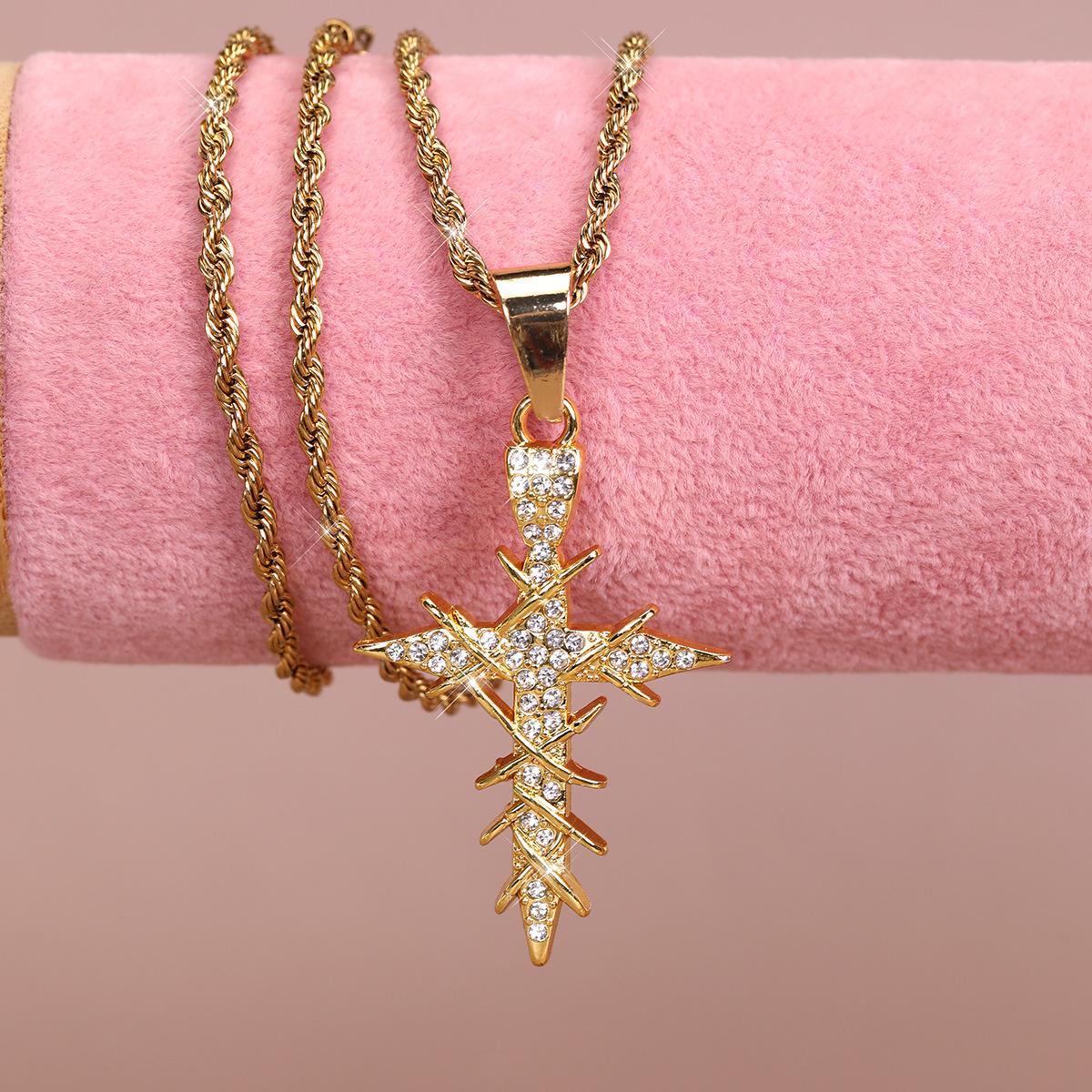 Popular hip-hop style dynamic and sparkling cross pendant necklace with twisted chain, simple alloy design