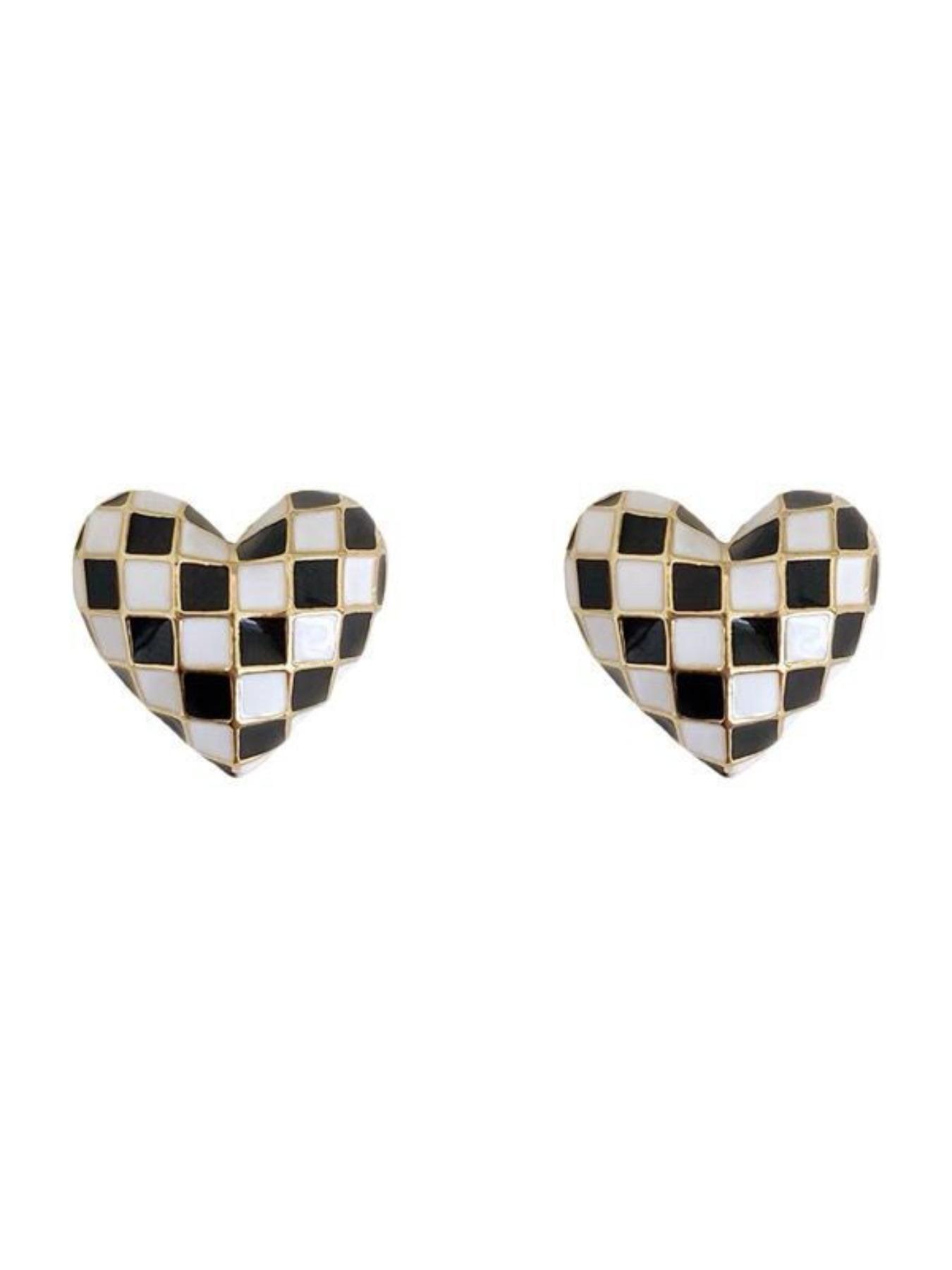Checkerboard Heart Shaped Stud Earrings, Fashionable Enamel Earring for Women, Trendy All-match & Exquisite Jewelry for Birthday Gift, Ear Studs