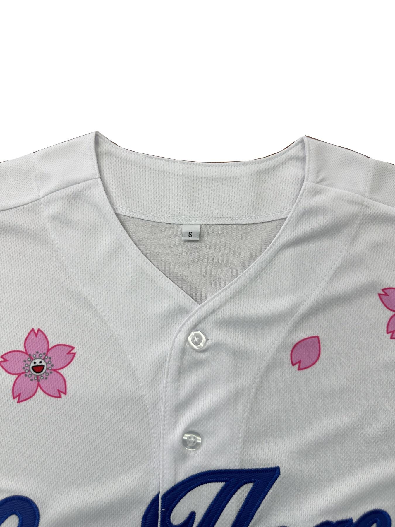 Men's Cherry Blossom Embroidered Baseball Jersey, Casual Loose Short Sleeve V Neck Baseball Top for Fall & Winter, Baseball Christmas Gifts, Men's Sportswear for Training & Competition