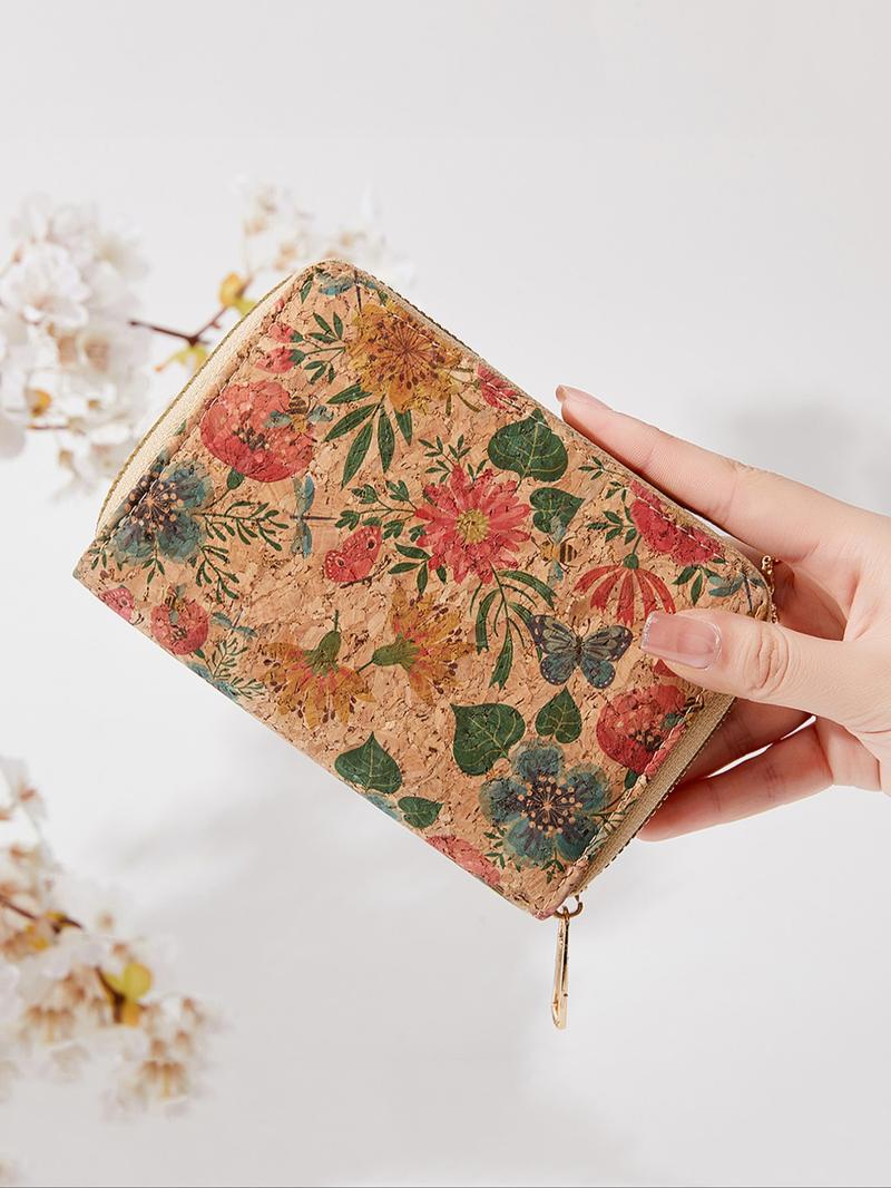 Women's Vintage Floral Pattern Zipper Short Wallet, Pu Leather Coin Purse with Card Slot, Multi-functional Boho Style Wallet for Daily Use, Stylish Wallet
