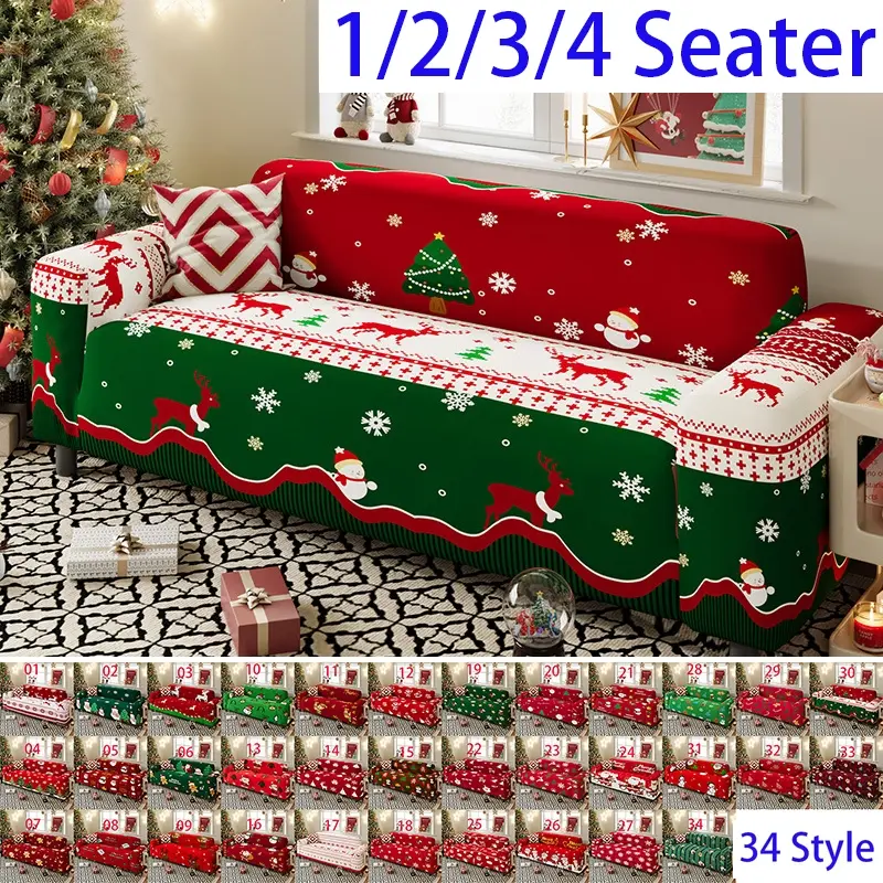 Red Christmas Digital Print Elastic Sofa Cover, Durable Pull-Resistant Anti-Pilling, Home Living Room Sofa Protector Decorative Cover